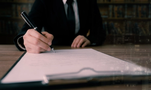 Basking Ridge Alzheimer's and Dementia Planning Lawyer signing a document while sitting at their office table