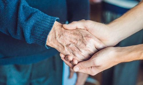 Close up of a male's hands holing the hand of an elderly woman