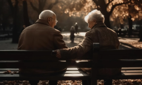 Rear view of an elderly couple sitting, smiling, and talking on a park bench