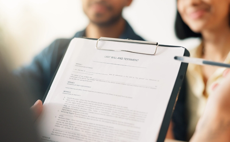A couple visiting a wills and trusts lawyer to discuss the intestate succession process.