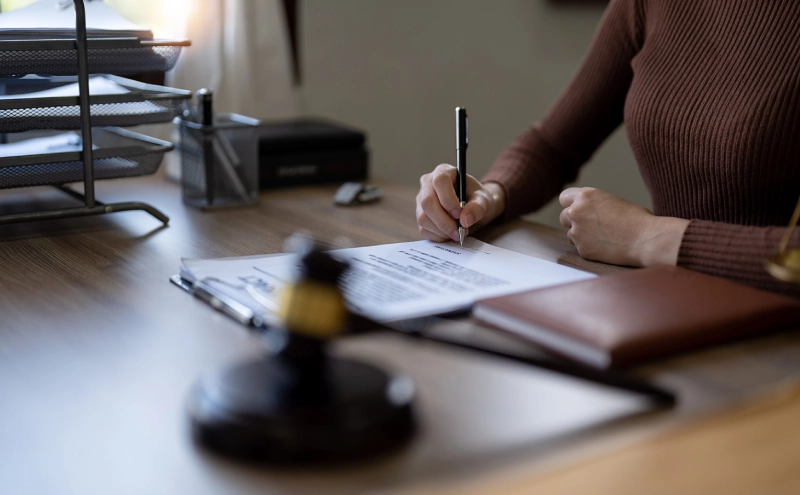 A trusts lawyer drafting a trust for a client from behind her office desk.