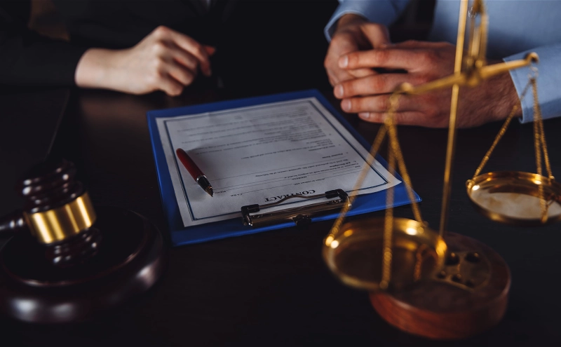 A probate lawyer and his client discussing matters during a meeting in an office.