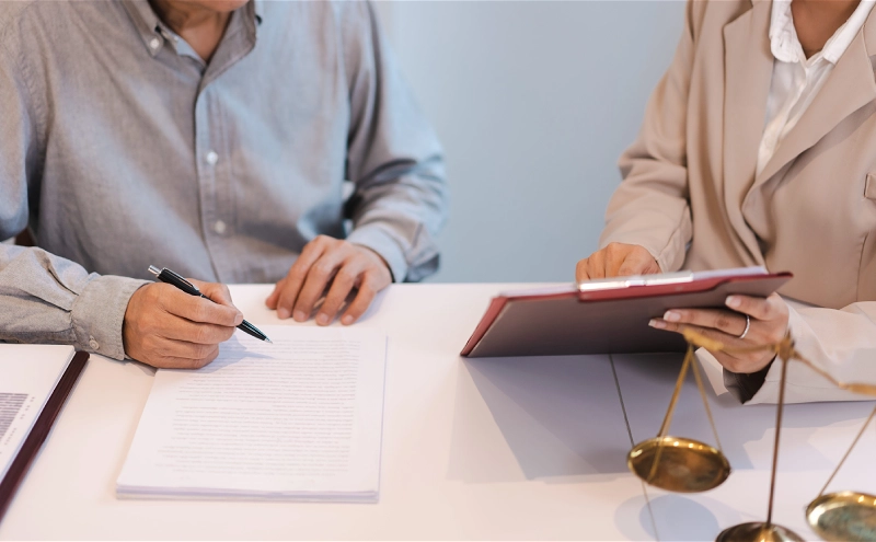 An estate planning lawyer seated next to a senior citizen and presenting documents on a clipboard.