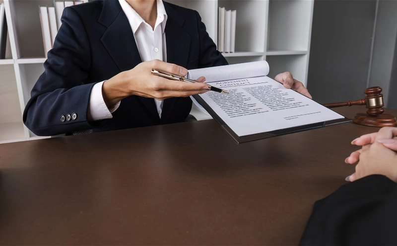 A trusts attorney presenting a clipboard with a trust on it to a client from across a desk.