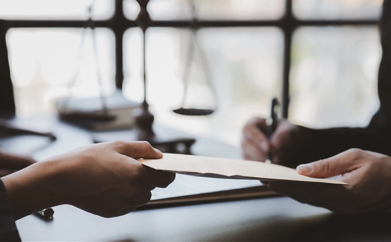An estate planning lawyer receiving documents from a client they need assistance with for their will.